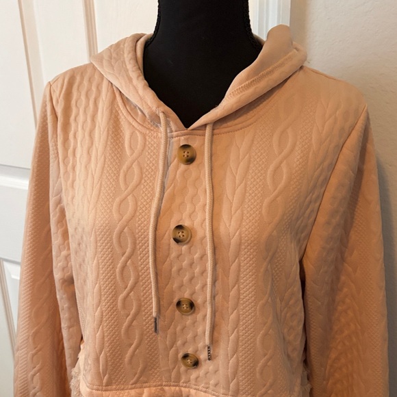 SHEIN Hooded Sweater with Feathery Lace Bottom light tan Medium - Picture 2 of 13